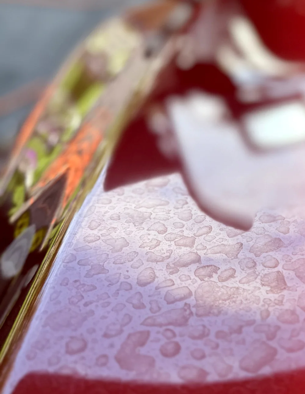 Water standing up in tight beads on a freshly coated red panel