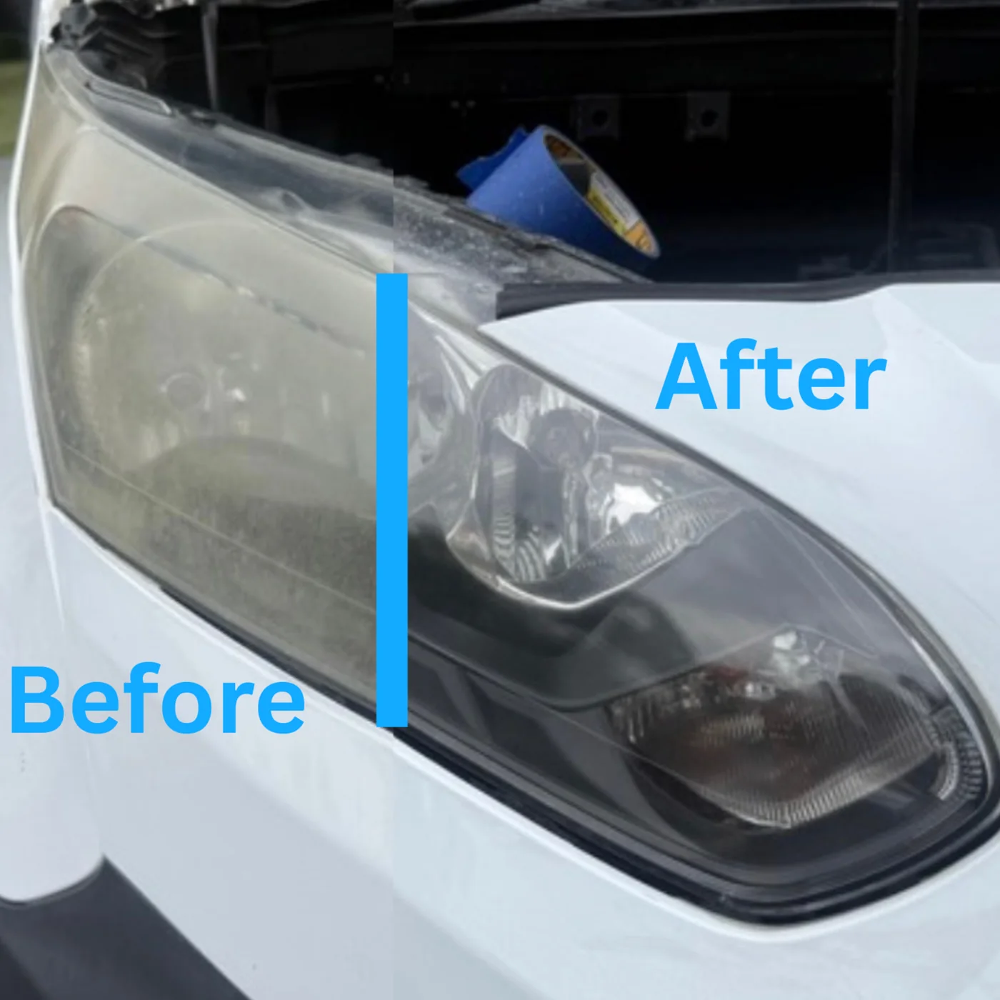 Headlight photographed half yellowed and oxidised, half restored and clear