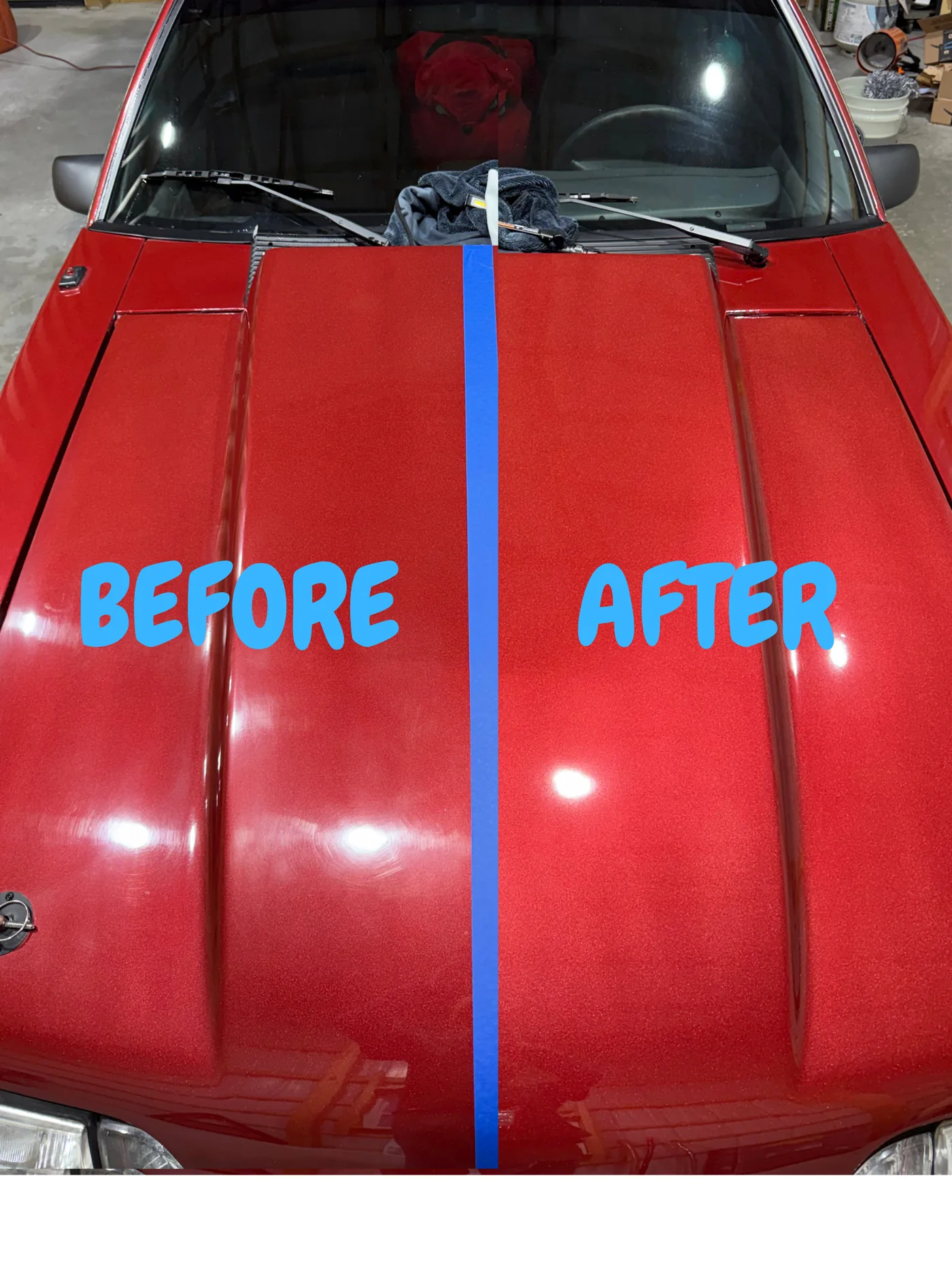 Red hood photographed half uncorrected and half corrected, showing a tighter reflection on the corrected side